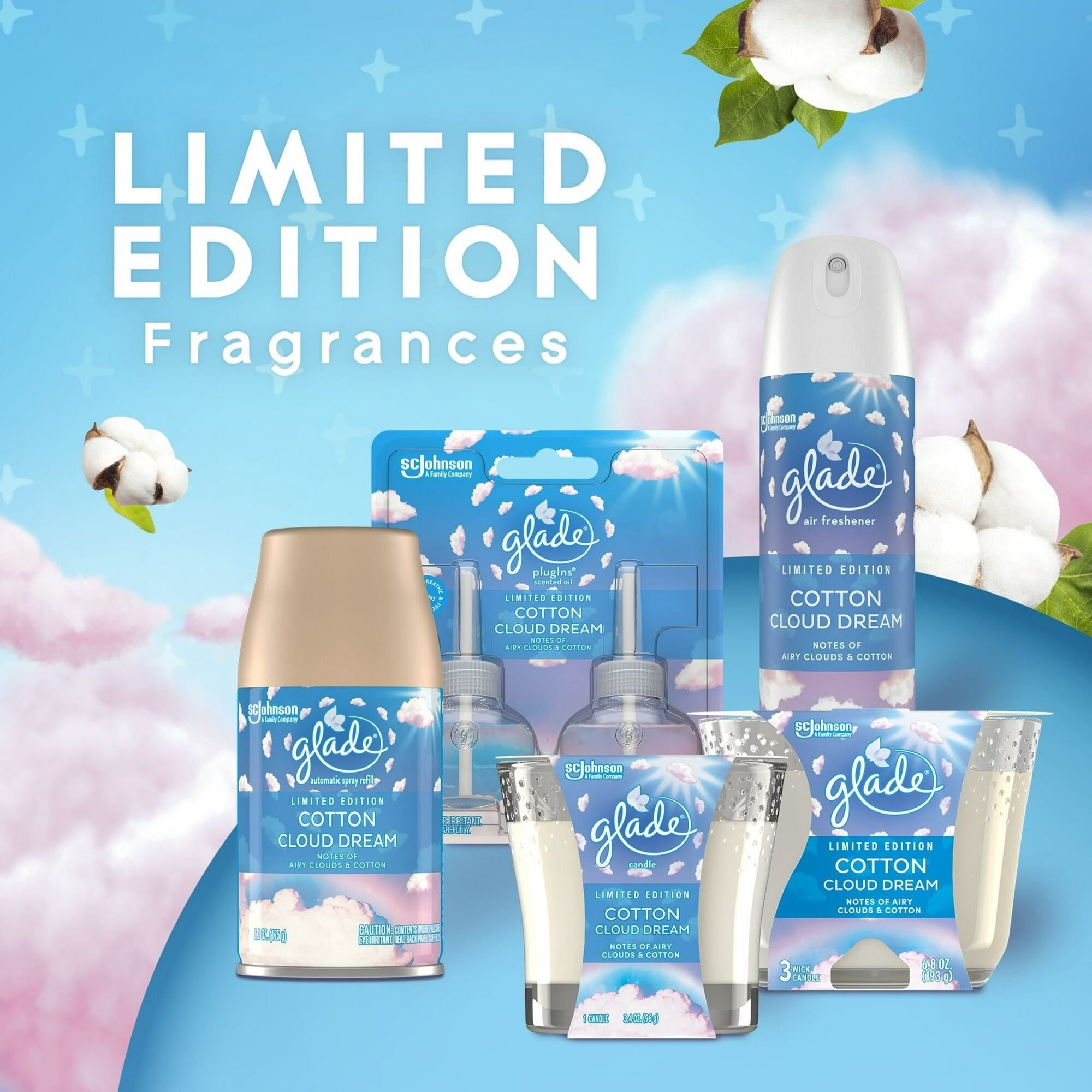 Glade Scented Candle Jar, Cotton Cloud Dream Scent, Infused with Essential Oils, Spring Limited Edition Fragrance, Positive Vibes Collection, 2 Candles, 3.4 Oz, 96 g each - SJB-DIAMOND ELITES