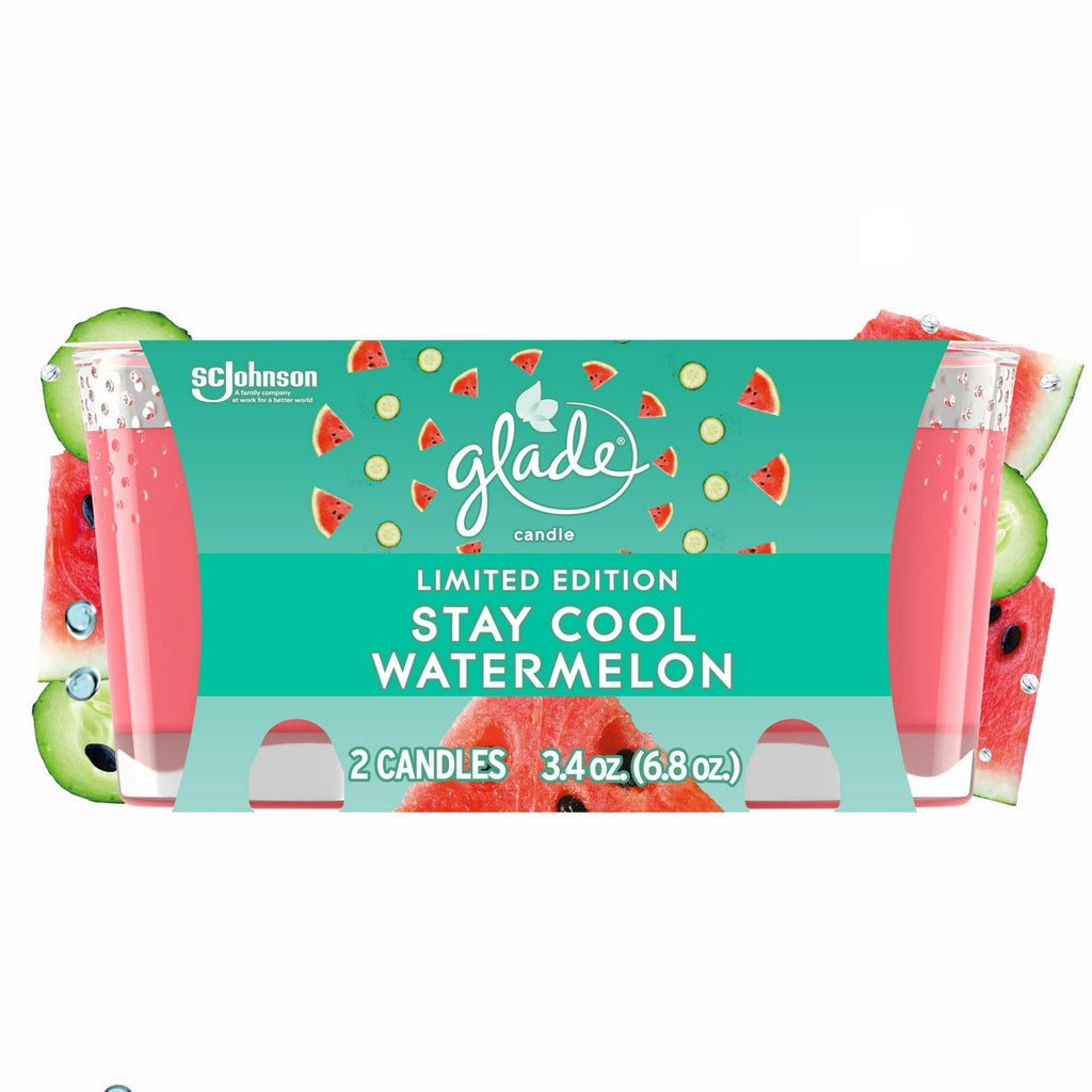 Glade Scented Candle Jar, Stay Cool Watermelon Scent, Infused with Essential Oils, Spring Limited Edition Fragrance, Positive Vibes Collection, 2 Candles, 3.4 Oz, 96 g each - SJB-DIAMOND ELITES