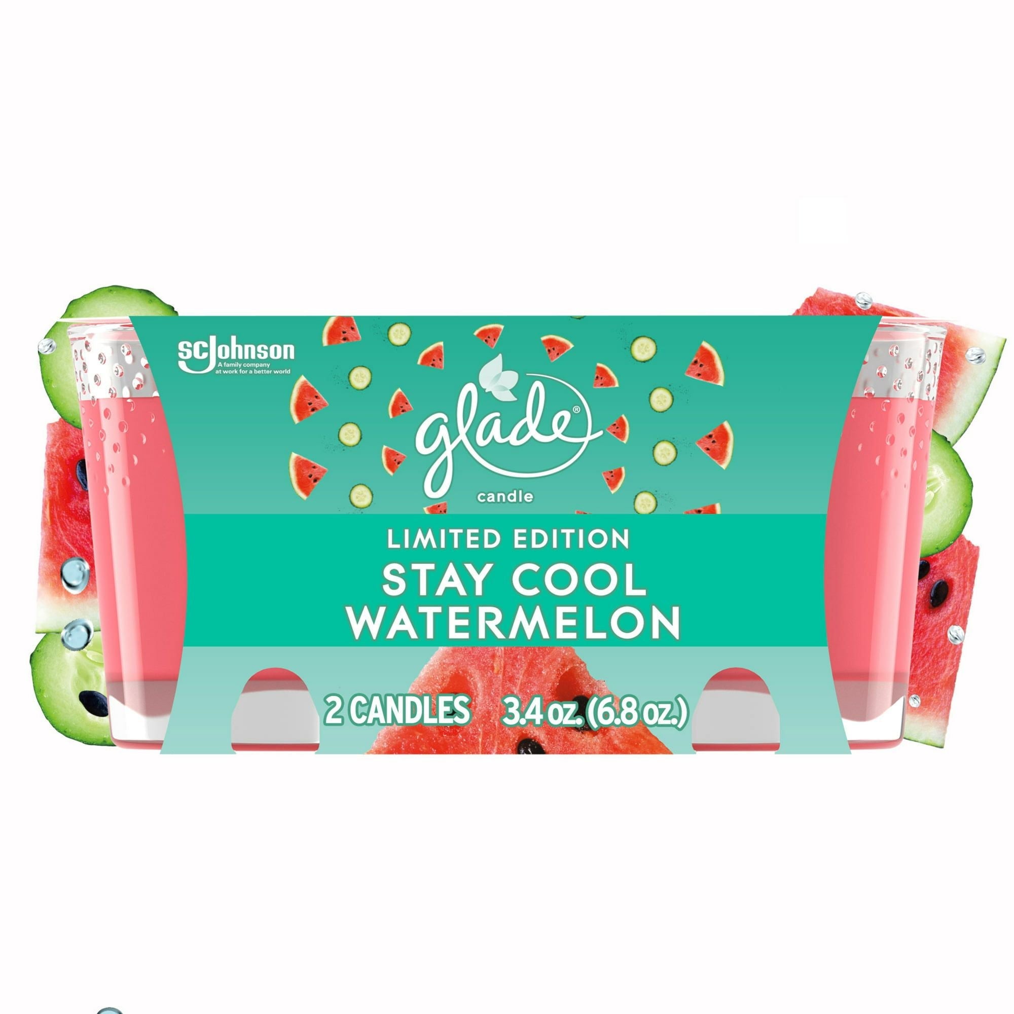 Glade Scented Candle Jar, Stay Cool Watermelon Scent, Infused with Essential Oils, Spring Limited Edition Fragrance, Positive Vibes Collection, 2 Candles, 3.4 Oz, 96 g each - SJB-DIAMOND ELITES