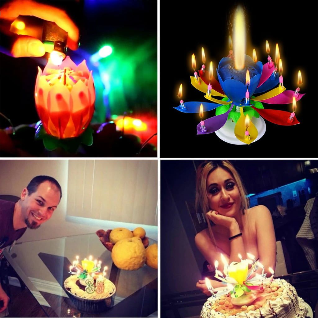 Goyunwell 2pcs Birthday Candles Flower Lotus Music Rotatable 2 Layers Candles Colorful