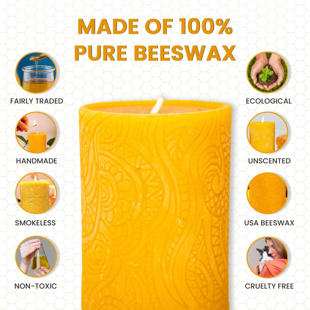 BeeTheLight Beeswax Large Pillar Candle (2.7" x 5.4") - Smokeless Unscented Candle - 72 Hours Burn Time - Natural & 100% Pure Beeswax Candle - Handmade Decorative Pillar Candle (Natural Yellow, Large) - SJB-DIAMOND ELITES