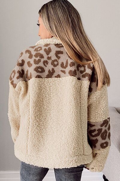 Comfortable Leopard Print Sherpa Jacket with Collared Neck And Functional Pockets Soft Women Jacket Stevvex