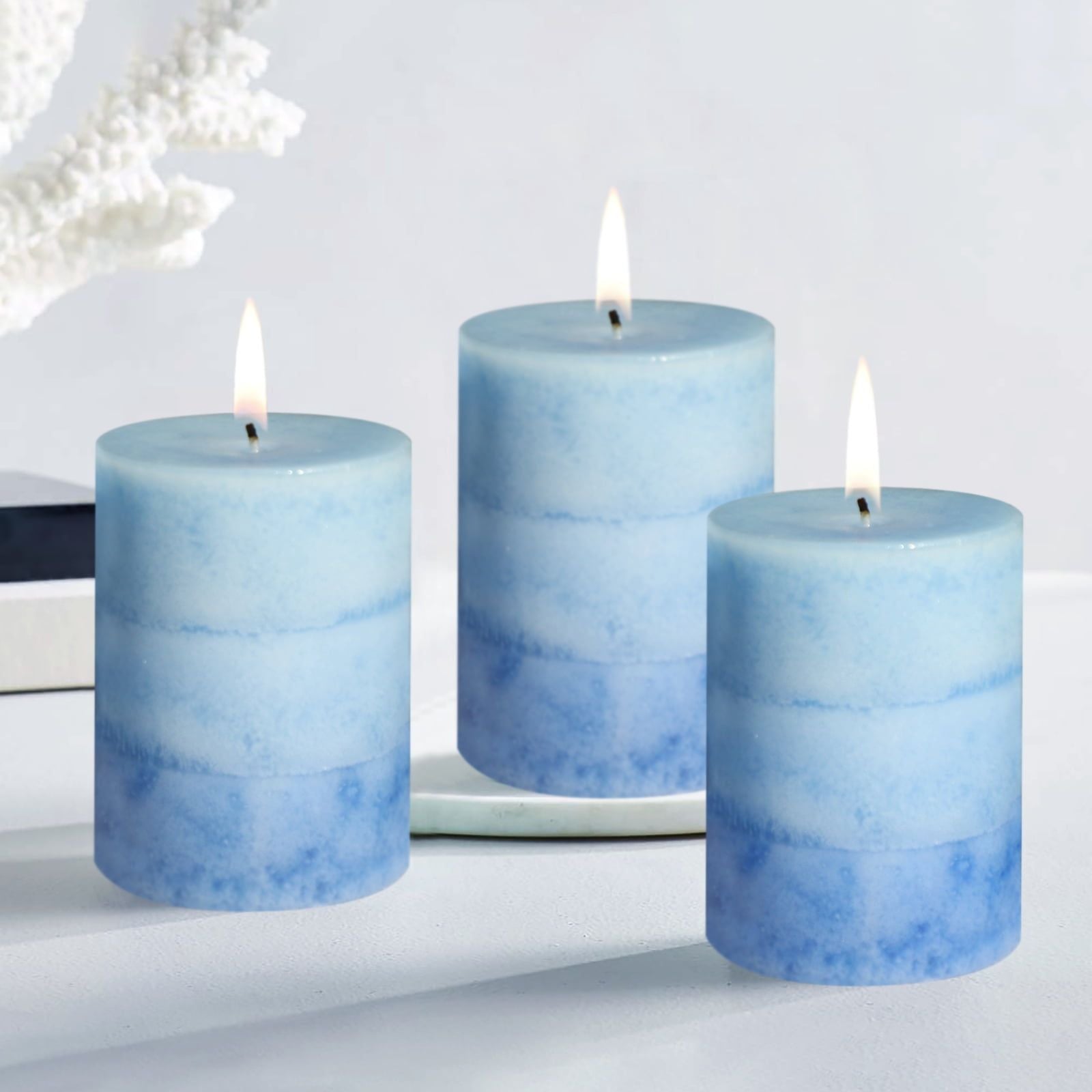 Meltone Strong Ocean Scented Pillar Candles,50+ Hrs Long Burning Candles3 Pack Blue Candles for Home Scented (3x4'') - SJB-DIAMOND ELITES