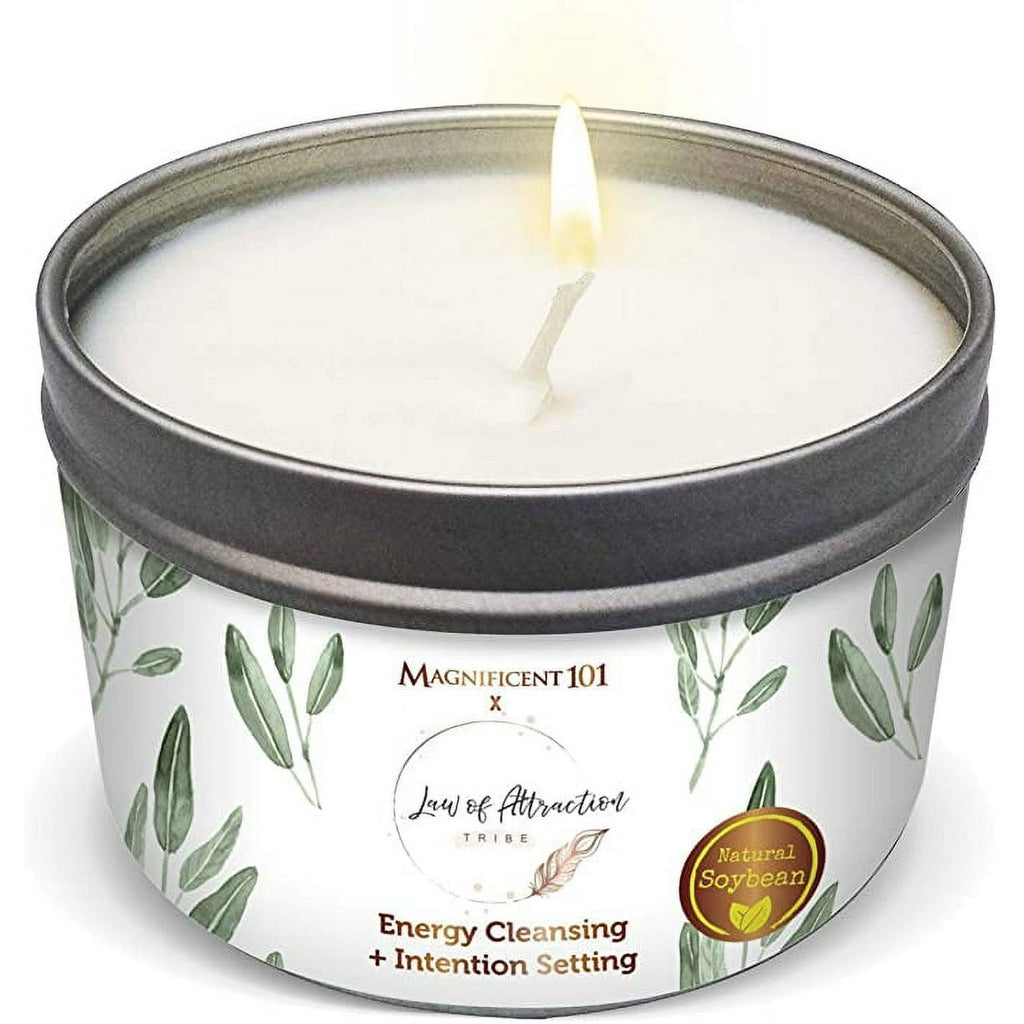 MAGNIFICENT101 Law of Attraction Tribe Pure White Sage Smudge Candle for House Energy Cleansing, Banishes Negative Energy I Purification and Chakra Healing - Natural Soy Wax Tin Candle - SJB-DIAMOND ELITES