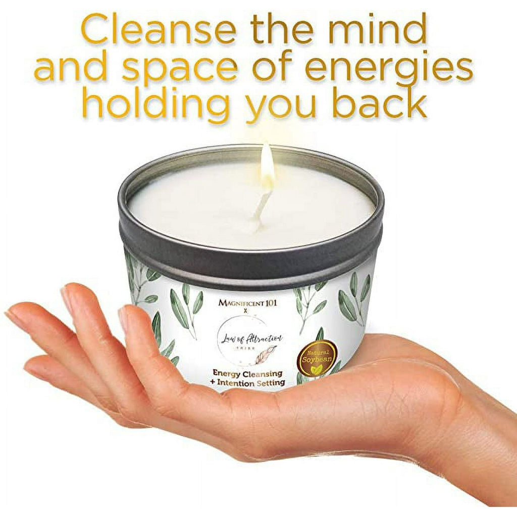 MAGNIFICENT101 Law of Attraction Tribe Pure White Sage Smudge Candle for House Energy Cleansing, Banishes Negative Energy I Purification and Chakra Healing - Natural Soy Wax Tin Candle - SJB-DIAMOND ELITES