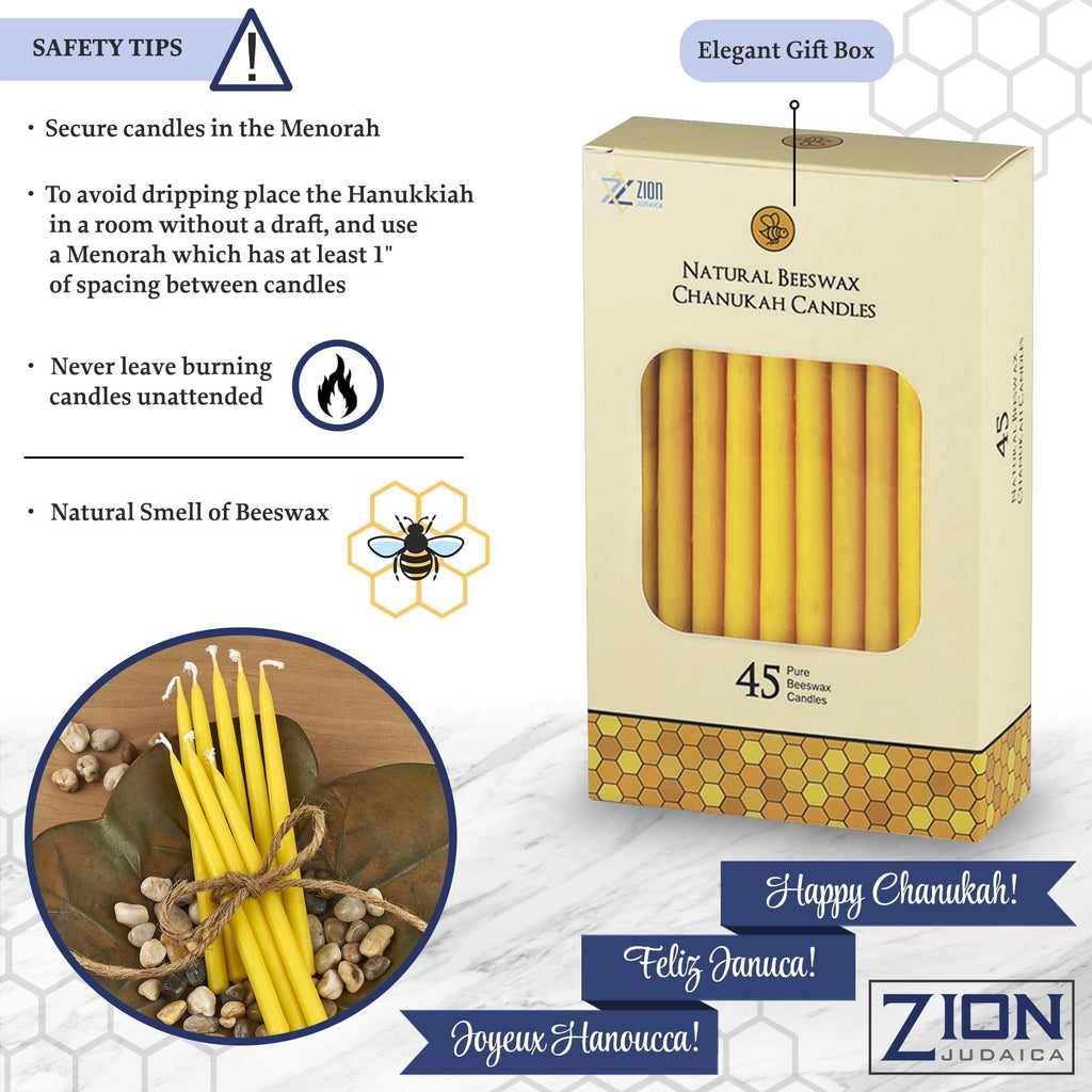 Zion J udaica Quality Natural Beeswax H anukkah Candles Set of 45 - Standard Size C hanukah Candle 5.75" Tall - Premium Bee Wax Chanukkah Candles Fits Standard Menorahs Natures Best Bees wax Candles