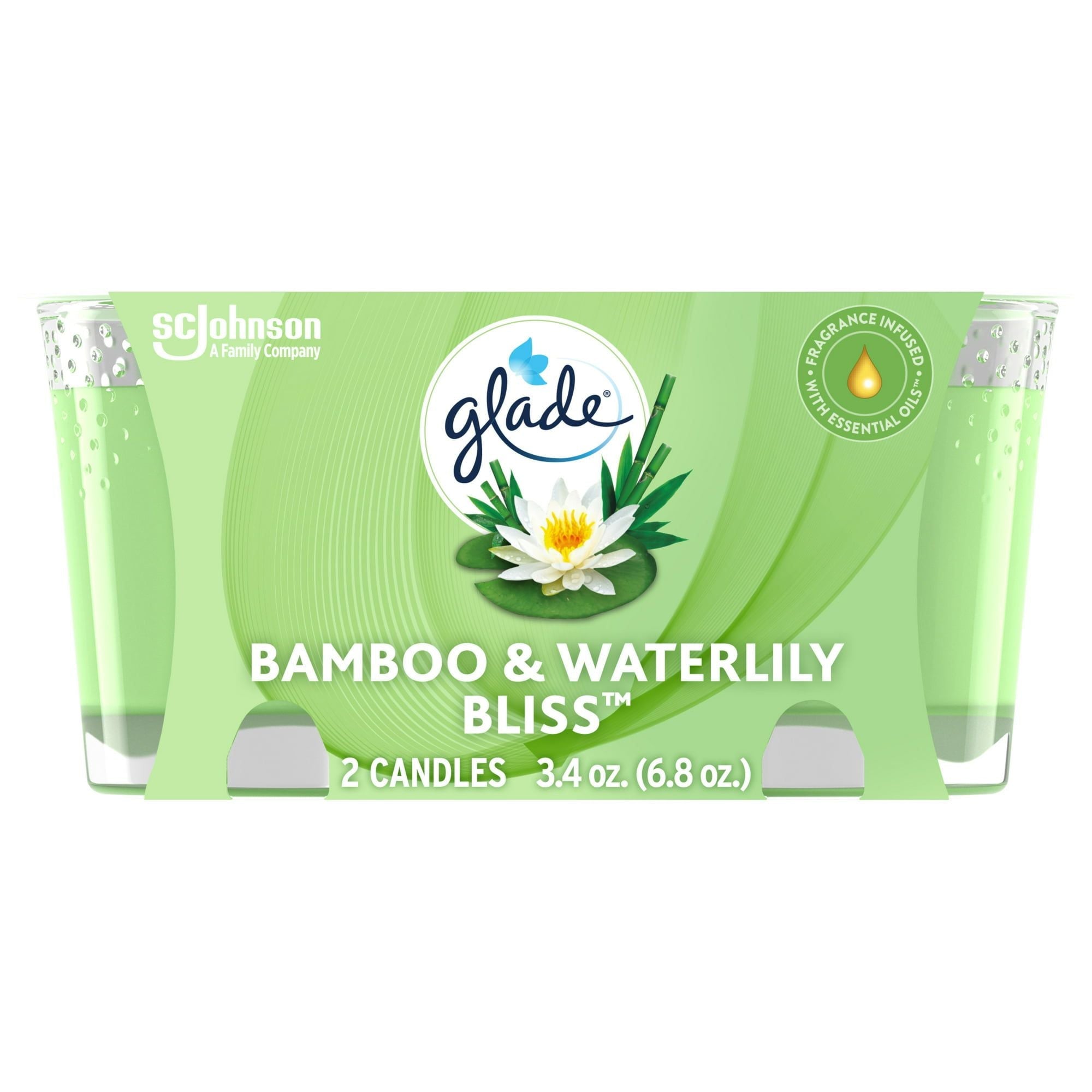 Glade Scented Candle Jar, Bamboo & Waterlily, Fragrance Infused with Essential Oils, 3.4 oz, Pack of 2