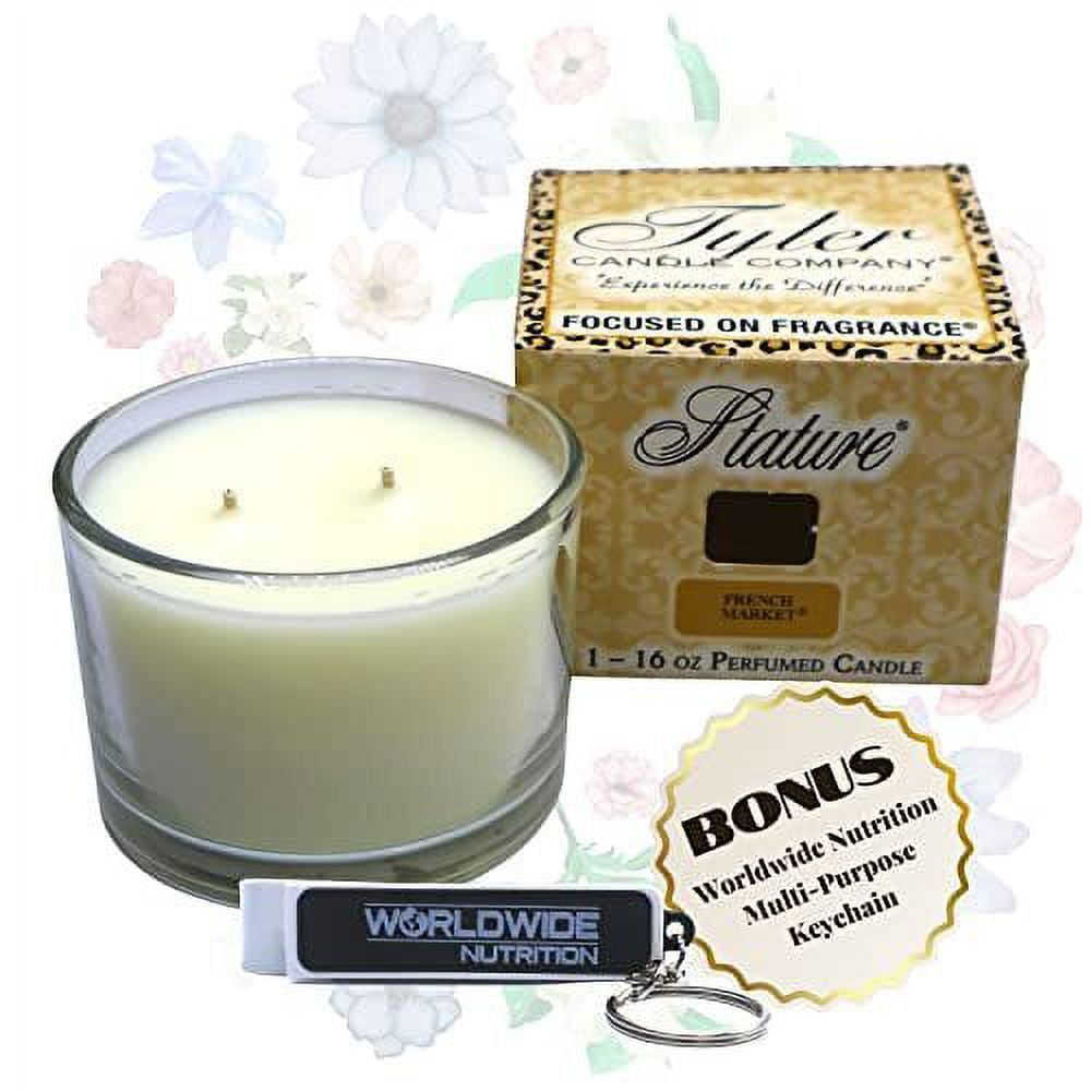 Tyler Candle Company French Market Stature Candle - Luxury Home Fragrance French Market Scented Candle - Stature Model Home Decor in Clear Glass Candle Holder - 16 Oz, 2 Wick Candle w Bonus Key Chain - SJB-DIAMOND ELITES
