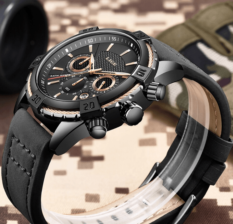 Men's Waterproof Watch With Chronometers Date Display Gold Detail Excellent Background Perfect Gift Stevvex