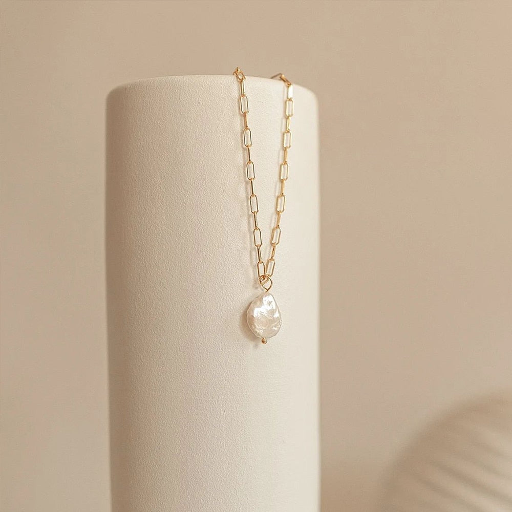 Rectangle Link Chain Pearl Necklace Pi-Mart