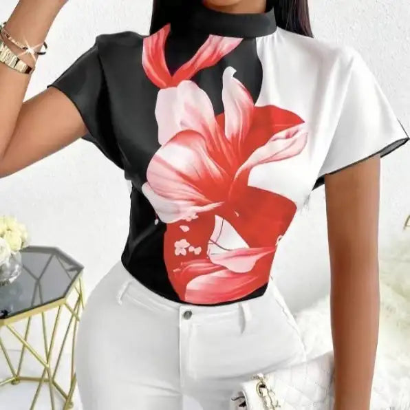 Women's New Small Stand Up Collar Loose Fit Comfortable And Elegant Temperament Floral Print Top - SJB-DIAMOND ELITES