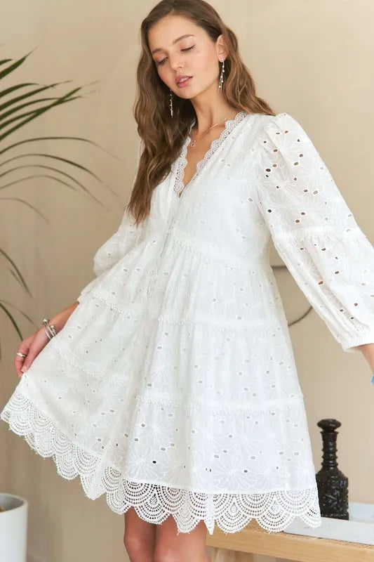 Lace Detail Tiered Eyelet V-Neck Babydoll Dress For Women – Feminine Boho Chic Dress, Fluttering, Elegant Lace & Eyelet Stevvex