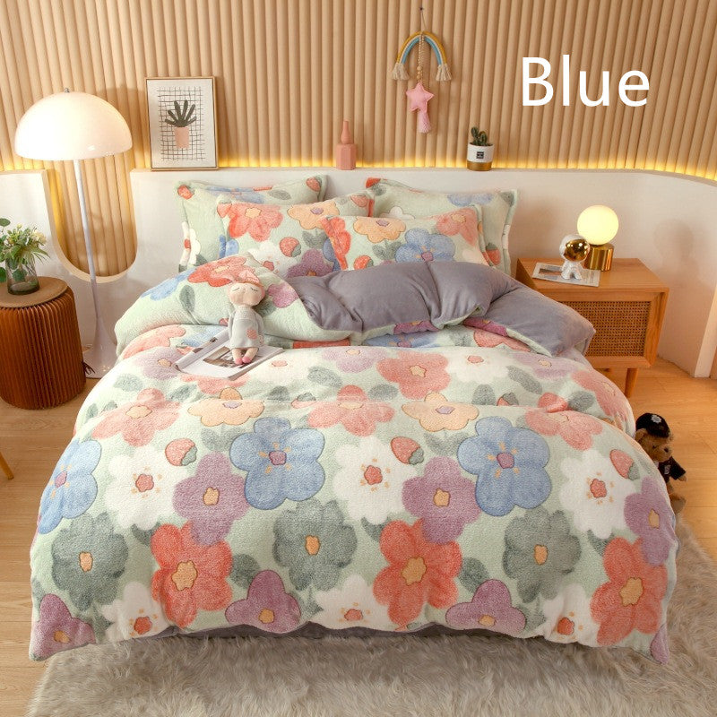 Coral Fleece Duvet Cover Sheet Flannel Pillowcase Pi-Mart