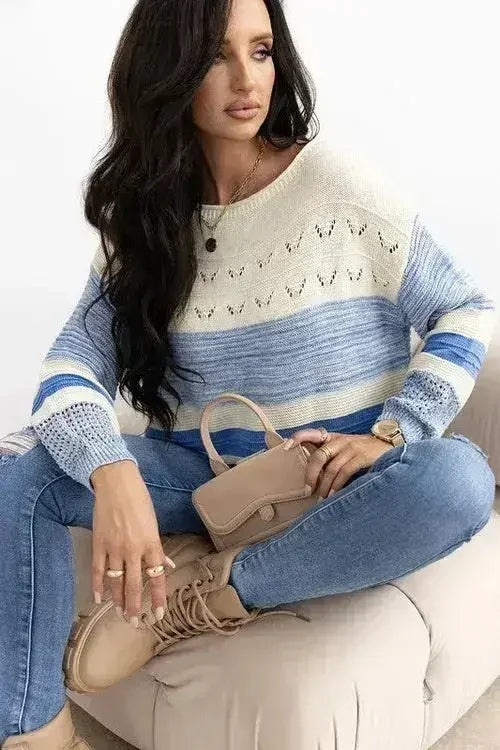 Light Blue Open Stitch Puff Sleeve Sweater - SJB-DIAMOND ELITES