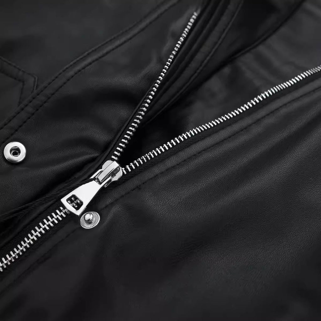 Women's Lapel Loose Faux Leather Bomber Jacket Coat Pi-Mart