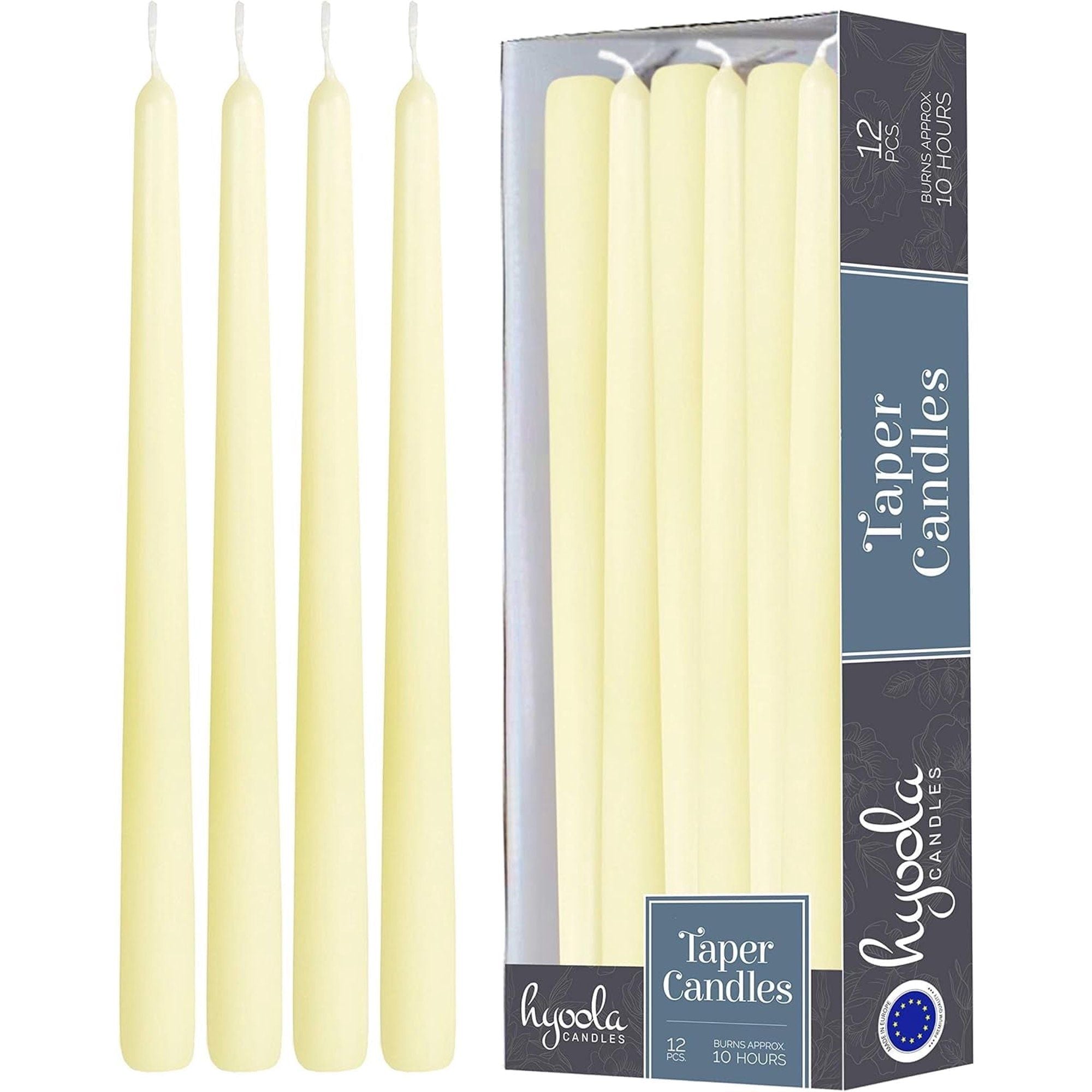Hyoola 12" Ivory Dripless European Made Taper Candles, Unscented Paraffin Wax with Cotton Wicks, 12-Pack - SJB-DIAMOND ELITES