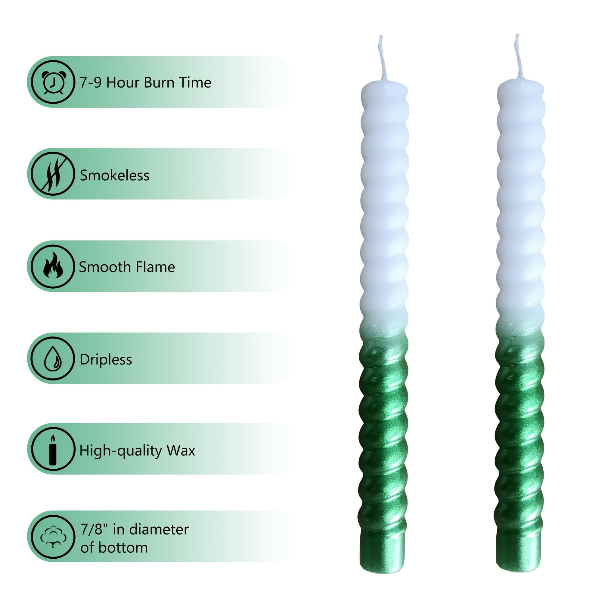 FCMSHAMD 8.46'' Green Taper Candles - Spiral Dripless (2 Pack) - SJB-DIAMOND ELITES