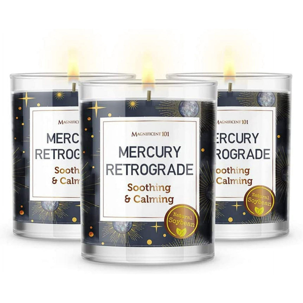 Magnificent 101 Set of 3 Long-Lasting Mercury Retrograde Aromatherapy Candles 10.5 Oz - 42-Hour Burn 100% Soy Wax, Herbs Ideal for Meditation, Energy Cleansing & Manifestation - SJB-DIAMOND ELITES