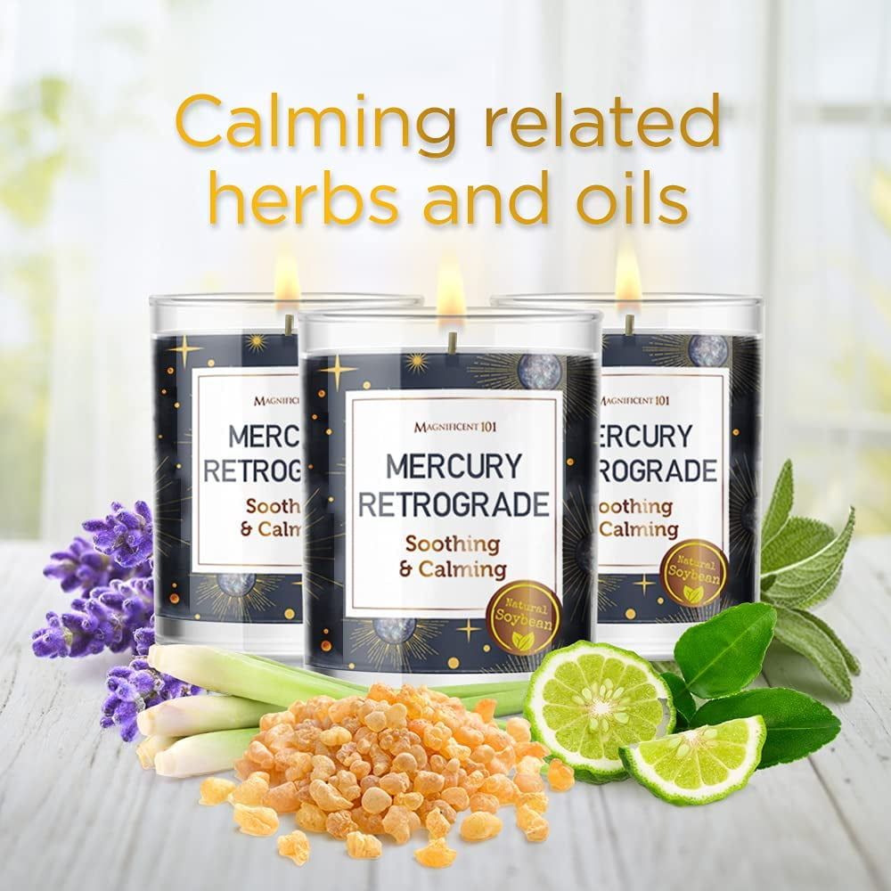 Magnificent 101 Set of 3 Long-Lasting Mercury Retrograde Aromatherapy Candles 10.5 Oz - 42-Hour Burn 100% Soy Wax, Herbs Ideal for Meditation, Energy Cleansing & Manifestation - SJB-DIAMOND ELITES