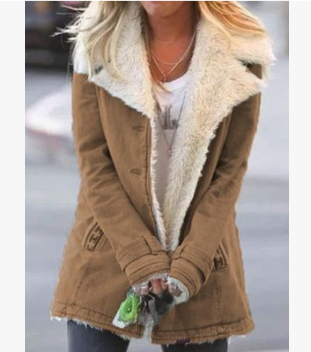 Women Plus Size Warm Coats Composite Plush Button Lapels Jacket Outwearcoat Pi-Mart