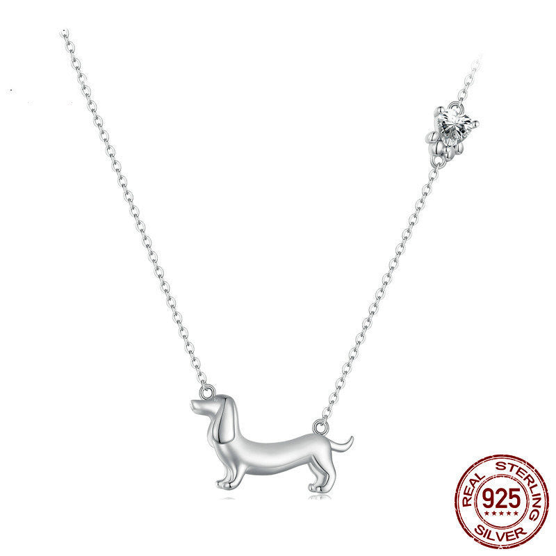 Sterling Silver Ornament S925 White Gold Plated Cute Sausage Dog Necklace Pi-Mart