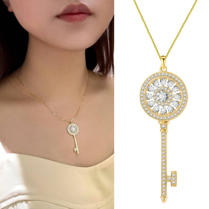 S925 Sterling Silver Key Diamond-studded Necklace Pi-Mart
