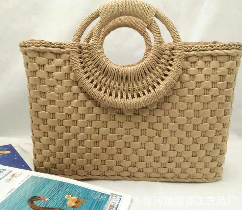 Wooden handle beach bag handbag Pi-Mart