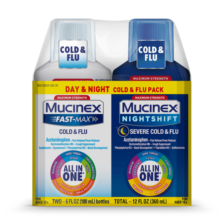 Maximum Strength Mucinex Fast-Max Cold & Flu and Nightshift Severe Cold & Flu All-in-One Multi Symptom Relief Liquid - 2 x 6 fl oz