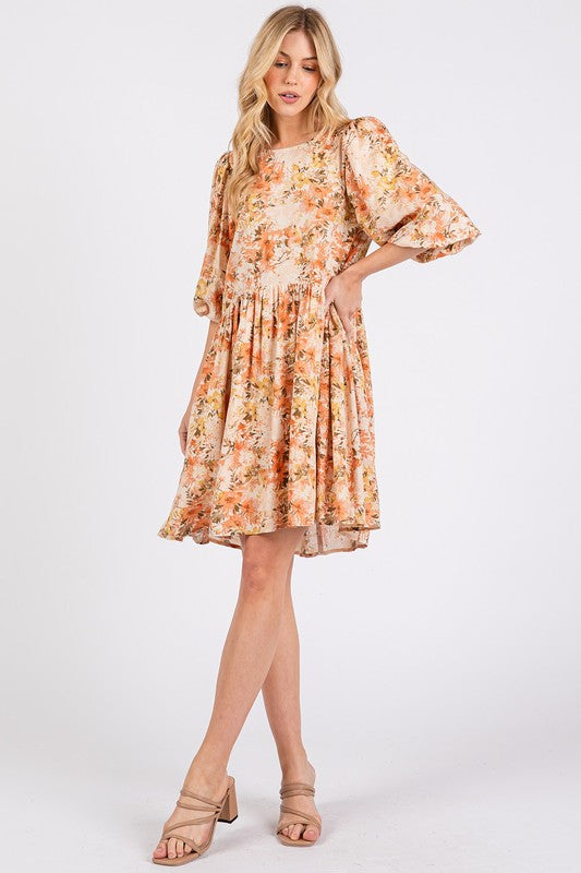 New Summer Flower Print Linen Blend Babydoll Mini Dress – Lightweight Floral Babydoll Dress with Relaxed Fit and Gathered Waist Stevvex