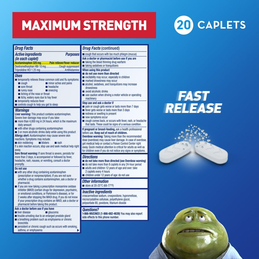 Mucinex Nightshift Cold and Flu Medicine, Fever Reducer, OTC Nighttime Cough Relief, 20 Caplets