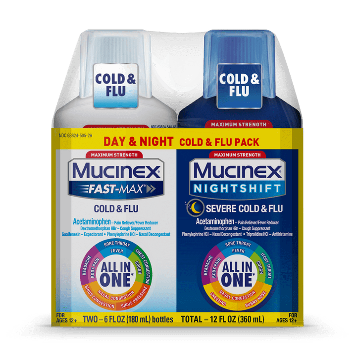 Maximum Strength Mucinex Fast-Max Cold & Flu and Nightshift Severe Cold & Flu All-in-One Multi Symptom Relief Liquid - 2 x 6 fl oz