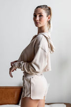Khaki Raw Edges Cropped Hoodie and Bottom Sets THRIXINE