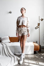 Khaki Raw Edges Cropped Hoodie and Bottom Sets THRIXINE
