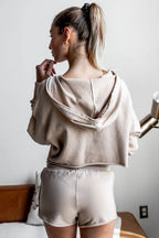 Khaki Raw Edges Cropped Hoodie and Bottom Sets THRIXINE
