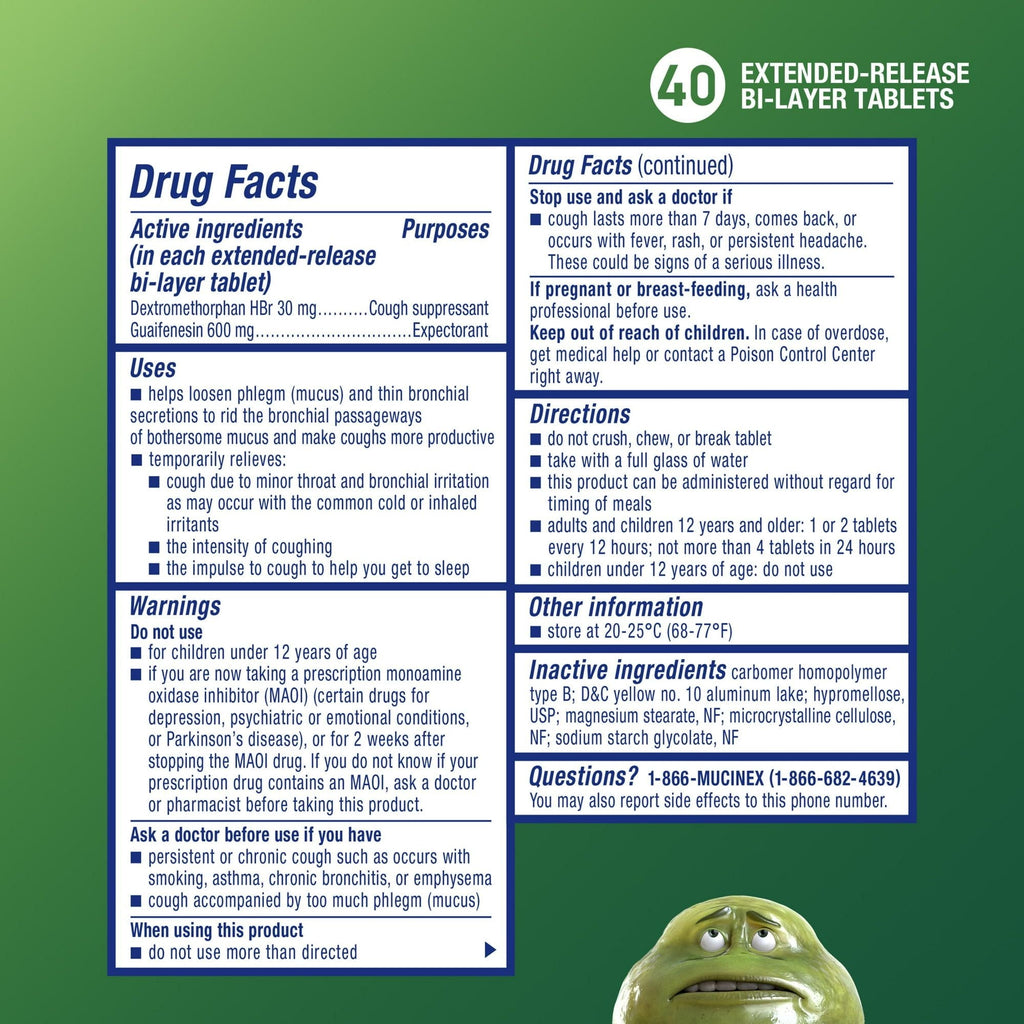 Mucinex DM 12 Hr Relief Tablets, 40ct, 600 mg Guaifenesin, 30 mg Dextromethorphan HBr, Controls Cough and Thins & Loosens Mucus That Causes Cough & Chest Congestion