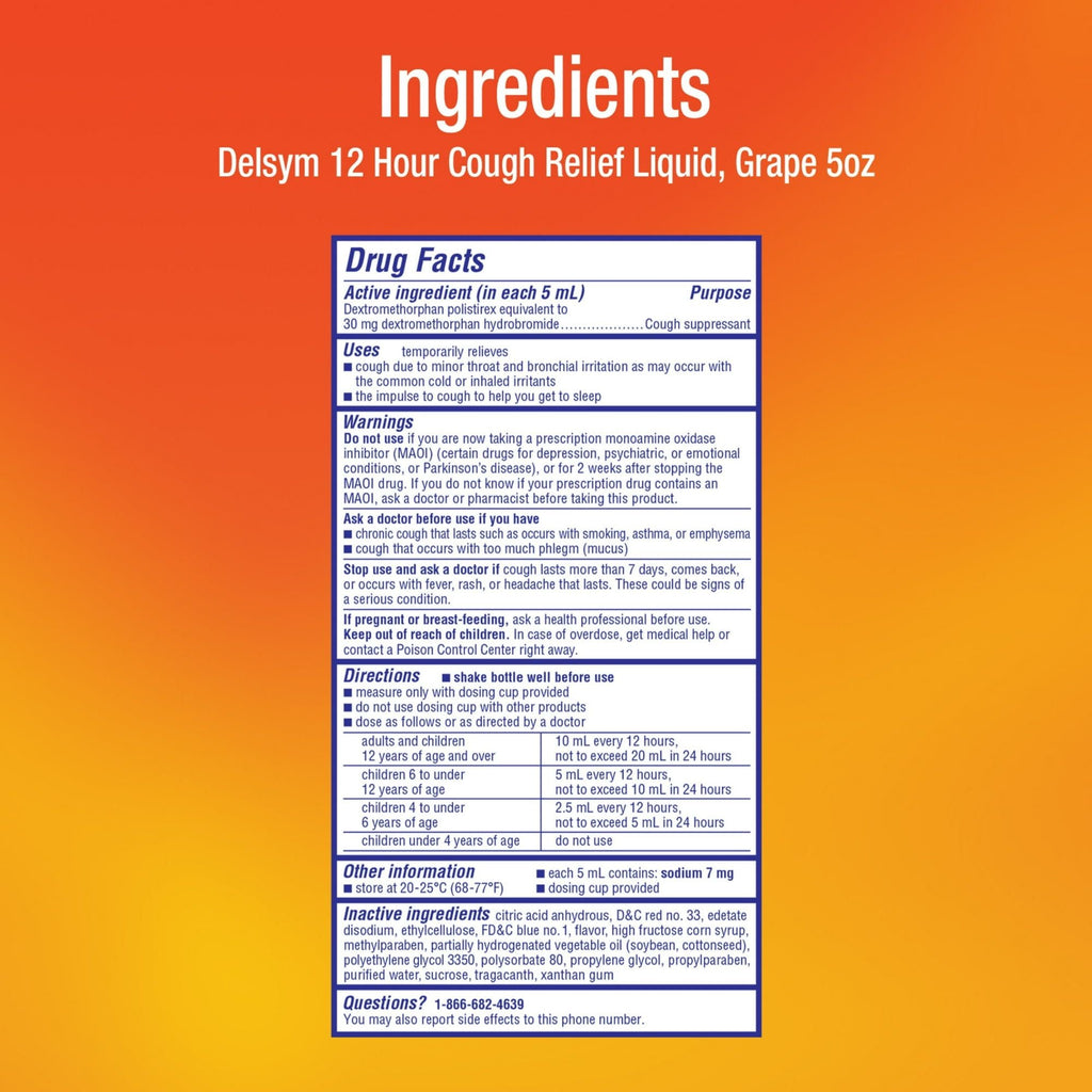 Delsym Adult 12 hour Cough Relief Medicine, Powerful Cough Relief for 12 Good Hours, Cough Suppressing Liquid, #1 Pharmacist Recommended, Grape Flavor, 5 Fl Oz