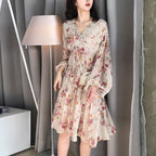 Women's Summer Boho Floral Chiffon Printing V-Neck Short Casual Party Dress SHOMICOBOUTIQUE