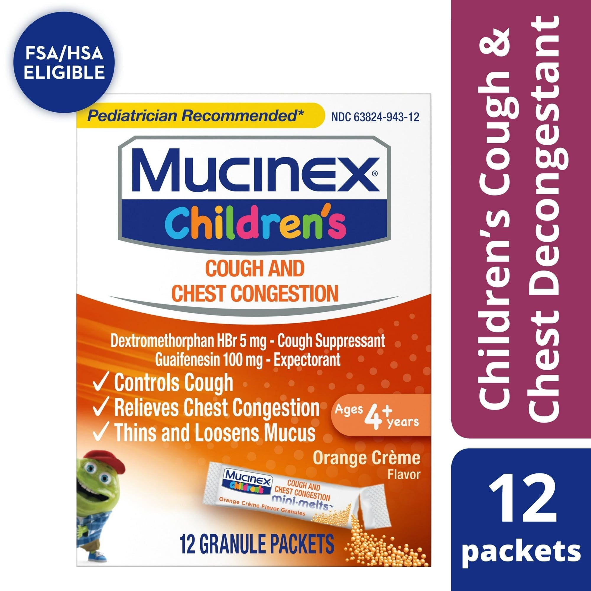 Mucinex Children's Cough Medicine & Expectorant for Kids, OTC Relief, Orange Cr¨¨me Flavor Mini-Melts, 12 ct