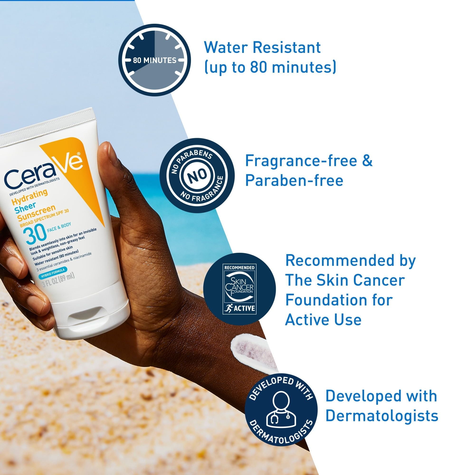 CeraVe Hydrating Sheer Face & Body Sunscreen Lotion SPF 30 for All Skin Types, 3 fl oz