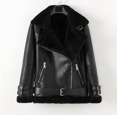 Men's motorcycle clothing lambskin bomber jacket plus velvet thick leather Pi-Mart