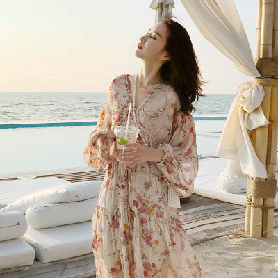 Women's Summer Boho Floral Chiffon Printing V-Neck Short Casual Party Dress SHOMICOBOUTIQUE