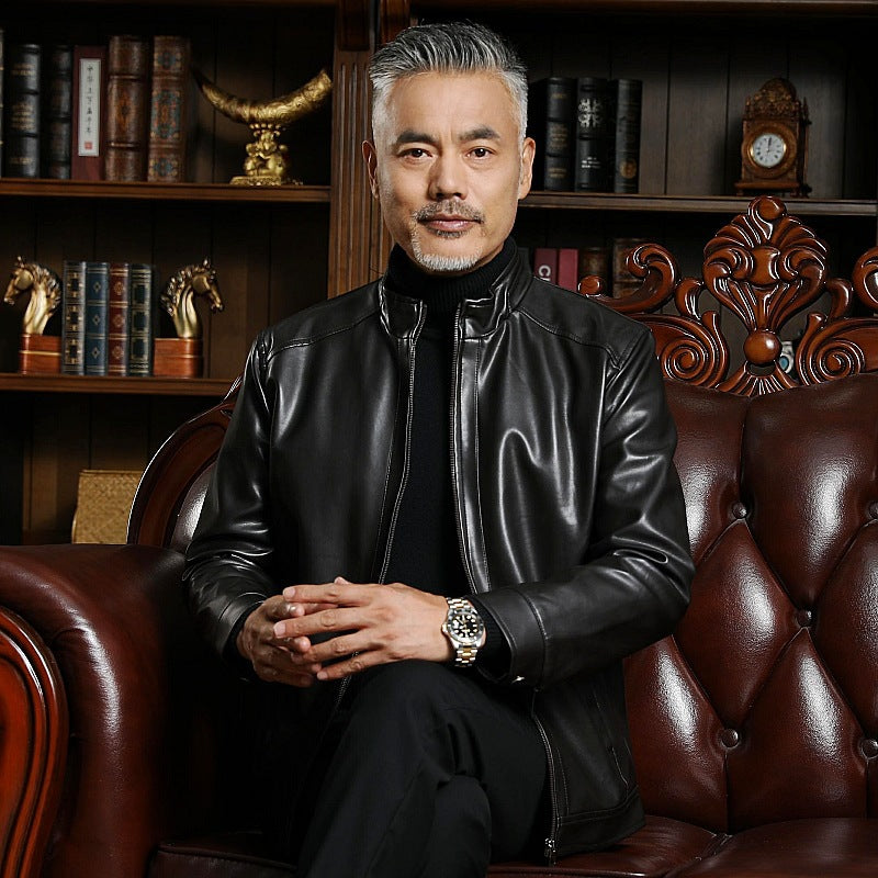Men's PU Leather Jacket - Classic Lapel Collar Coat for Middle-Aged Men Pi-Mart