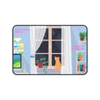 Calming Rain Desk Mat — Cozy Pixel Art Window Scene with Cat (“Take a breath”) Lootquake LLC