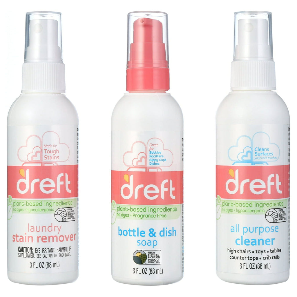 Dreft Diaper Bag To Go Kit Baby Essentials Gift Set with Laundry Stain Remover, Bottle Soap, and Surface Cleaner, Travel Size, 3 Pieces