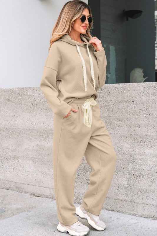 Solid Corduroy Lace Hoodie and Pants Set THRIXINE