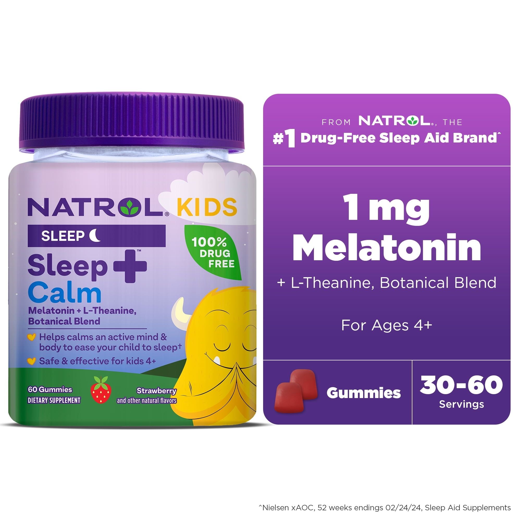 Natrol? Kids Sleep+? Calm, Melatonin and L-Theanine, Sleep Gummies for Kids, Strawberry Flavor, 60 Count