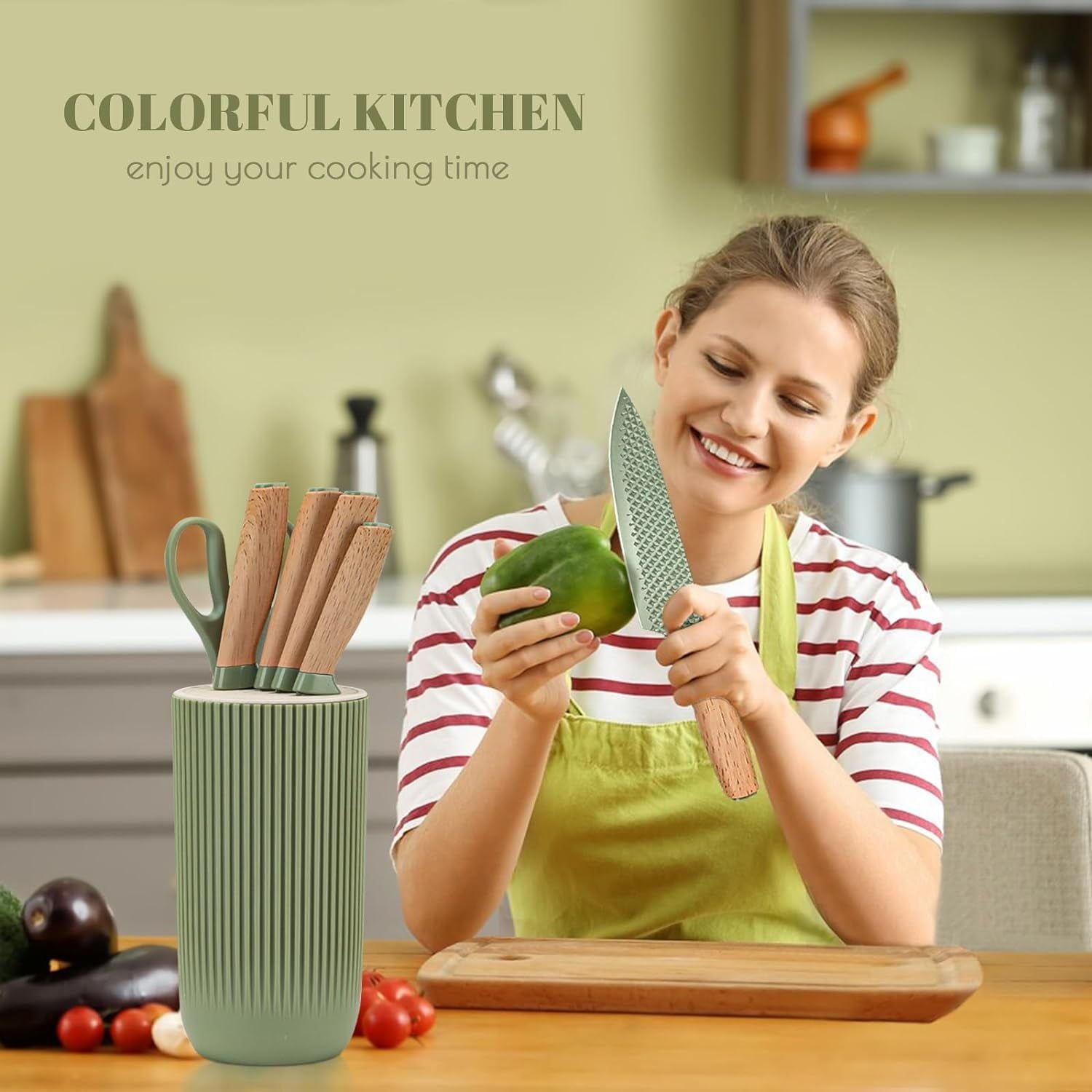 Kitchen Knife Set, 6 Pieces Green Professional Knife Set with Universal Knife Block, Super Sharp Knife Set with Ergonomic Handle, Non-stick Stainless Steel Knife Block Set