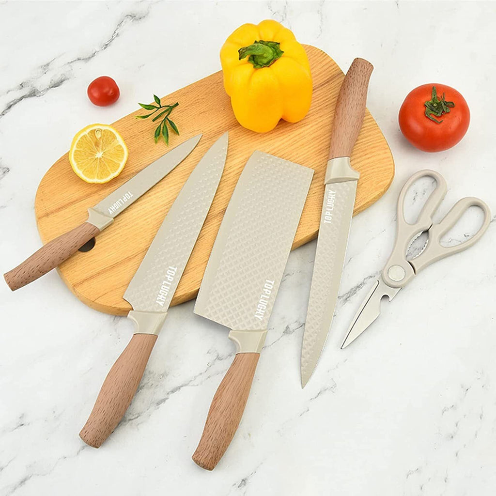 Kitchen Knife Set, 6-Pieces Khaki Sharp Knife Set for Kitchen, Non-stick Non-slip Stainless Steel Chef Knife Set with Universal Knife Block Suitable for Home Restaurant EasyOptionXY LLC