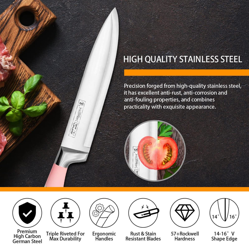 Kitchen Knife Set, 9-Pieces Pink Sharp Non-Stick Coated Chef Knives Block Set ,Stainless Steel Knife Set for Kitchen with Sharpener for Cutting Slicing Dicing Chopping