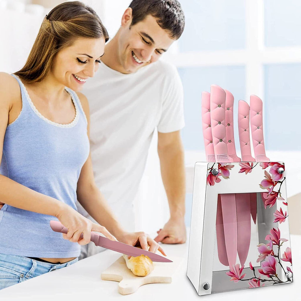 Kitchen Knife Set,Pink Flower 6PC Stainless Steel Sharp Chef Knife Set with Acrylic Stand, Cooking Non-slip Knife Set with Block, Non-stick Colorful Coating Gift for Women Girls EasyOptionXY LLC